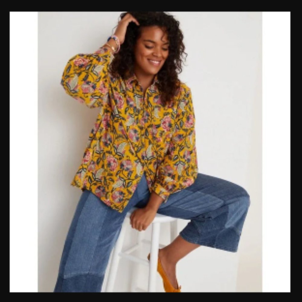 Pilcro Sigourney Corduroy Floral Button down balloon sleeve Oversized Shirt, xs